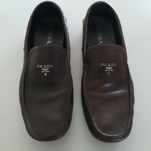 Prada Italy Leather Slip On Driving Loafers Brown